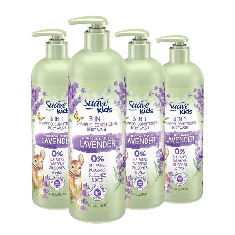 Suave Kids Natural Lavender Oil 3-in-1 Tear Free, Body Wash, Shampoo and Conditioners, No Sulfates, No Parabens, No Silicones, No Dyes, 16.5 Oz Pack of 4 - Image 1